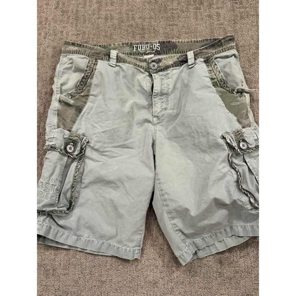 Fubu Jean Shorts 38 Baggy Cargo Sage Green Skater Thrashed Y2k  Vintage (U1)